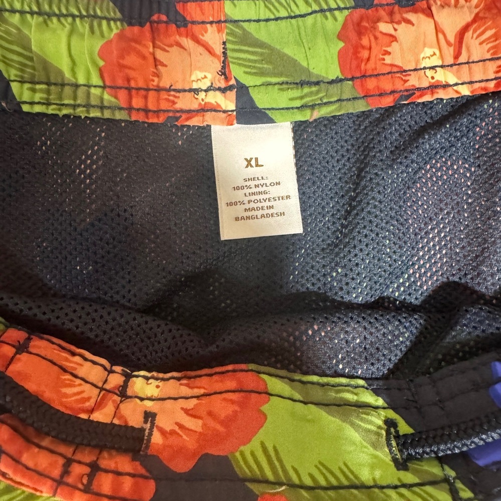 Mens‎ XL Tropical Hibiscus Floral Swim Trunks Black Orange Blue Board Shorts - Picture 2 of 7